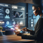 A modern, professional image of a person reviewing loan options on a digital device with financial charts in the background.