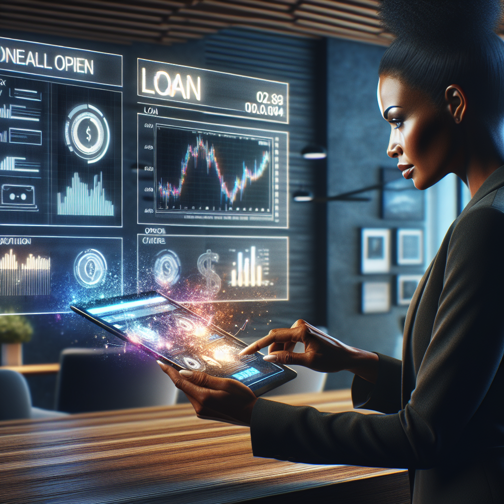 A modern, professional image of a person reviewing loan options on a digital device with financial charts in the background.
