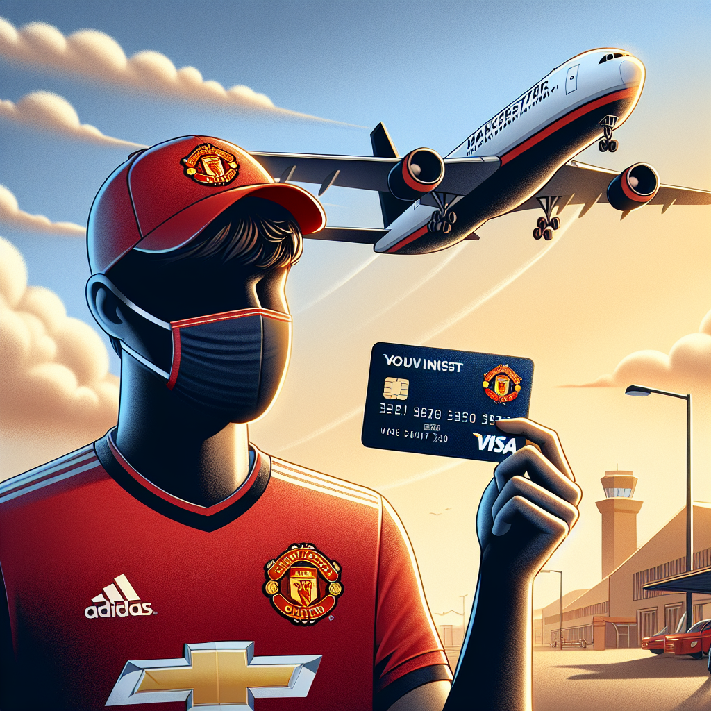 Supporter holder Manchester United Visa-kort foran et fly på en flyplass, økonomi- og reisetema, realistisk, varme farger