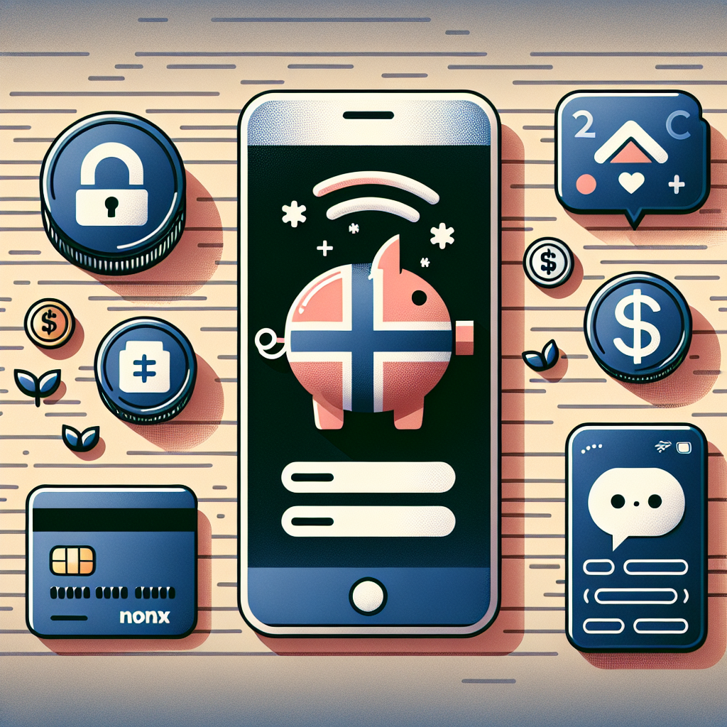 Illustrasjon av en mobilbank-app med Easybank-stil, norsk mynter og betalingskort på et skrivebord, symboler for ansvarlig økonomi og digitale varsler