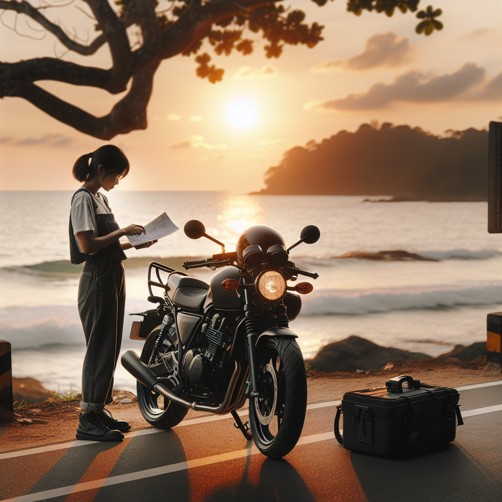 Motorsykkel parkert ved kystvei i solnedgang, eier sjekker papirarbeid ved siden av sykkelen, rolig økonomisk stemning, realistisk fotografisk stil