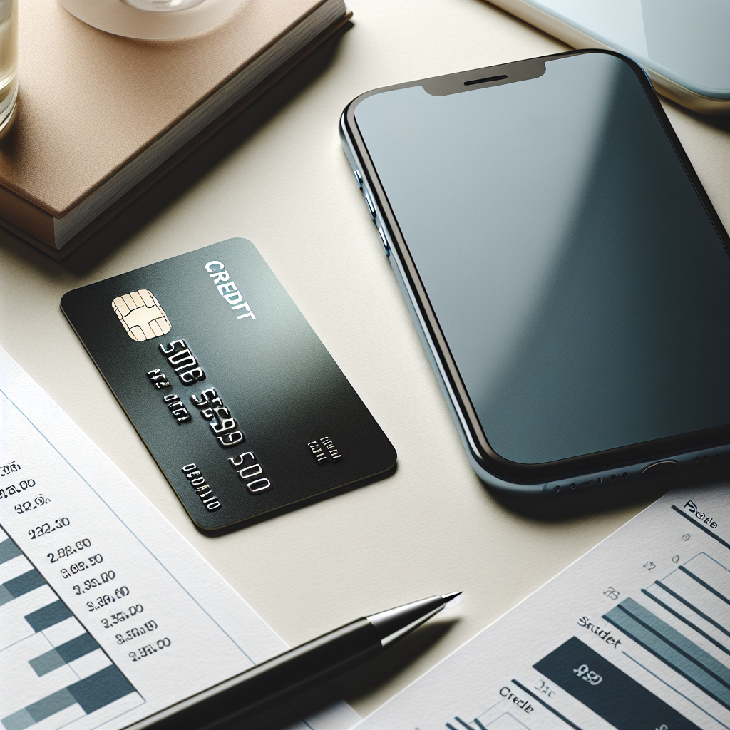 Nærbilde av et Moderne MasterCard-kredittkort liggende på et bord ved siden av en mobiltelefon og et budsjettark, nøytrale farger, profesjonell stil