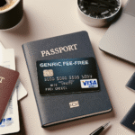Nærbilde av et gebyrfritt Visa-kort på et bord med pass, reisedokumenter og en laptop, moderne og profesjonell stil, lys og nøytral fargepalett
