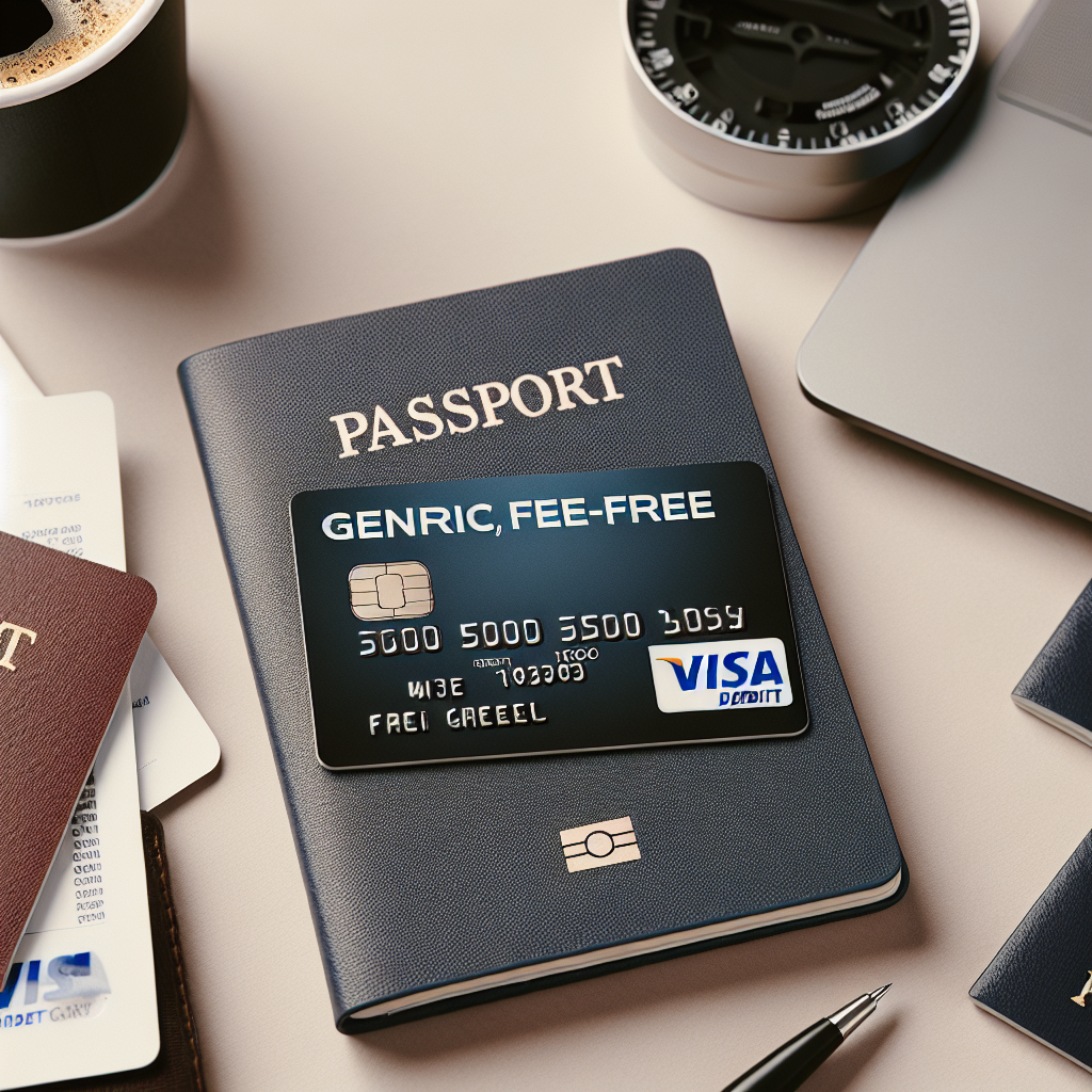 Nærbilde av et gebyrfritt Visa-kort på et bord med pass, reisedokumenter og en laptop, moderne og profesjonell stil, lys og nøytral fargepalett