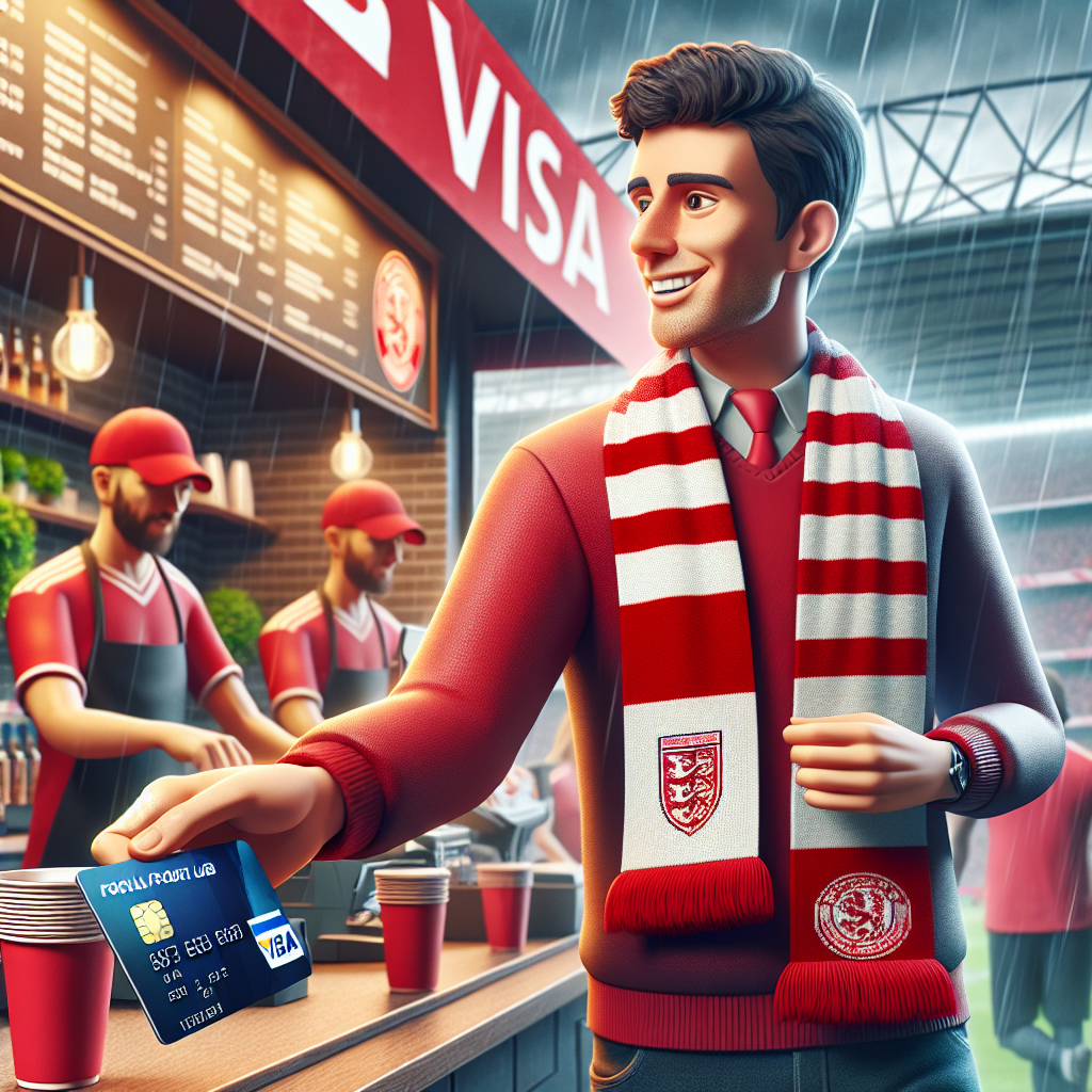 En engasjert Manchester United-fan med rødt skjerf som betaler med Visa-kort på en stadionkafé, moderne og energisk stil, regnvær i bakgrunnen og tydelig klubblogo