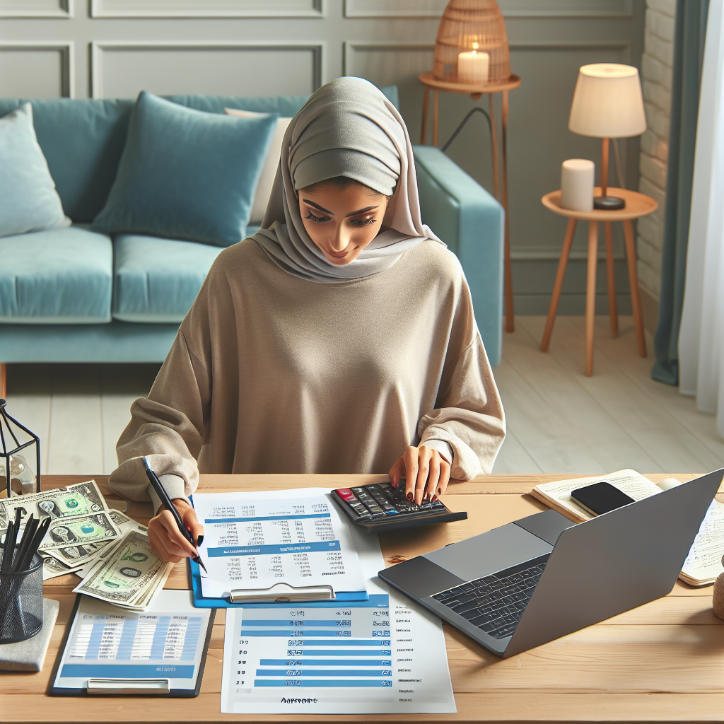 Oversiktsbilde av en person som organiserer økonomi ved et skrivebord: kalkulator, betalingsoversikt, laptop med bankapp, rolige farger og moderne stil